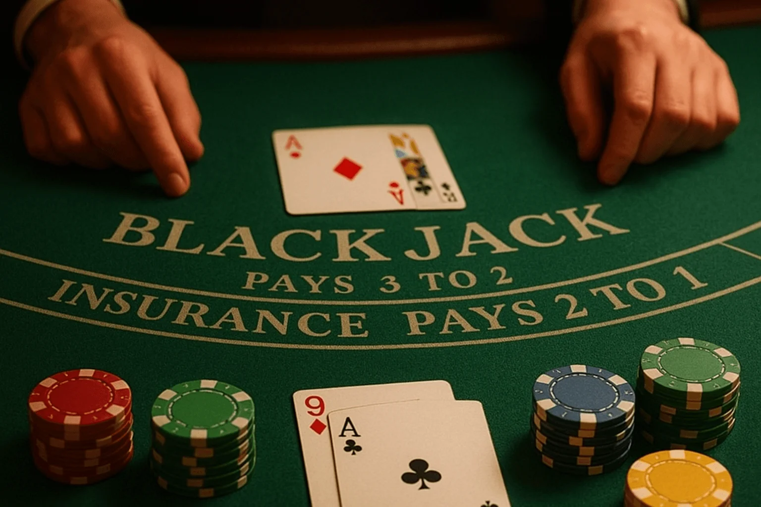 Live blackjack casino table with dealer and chips